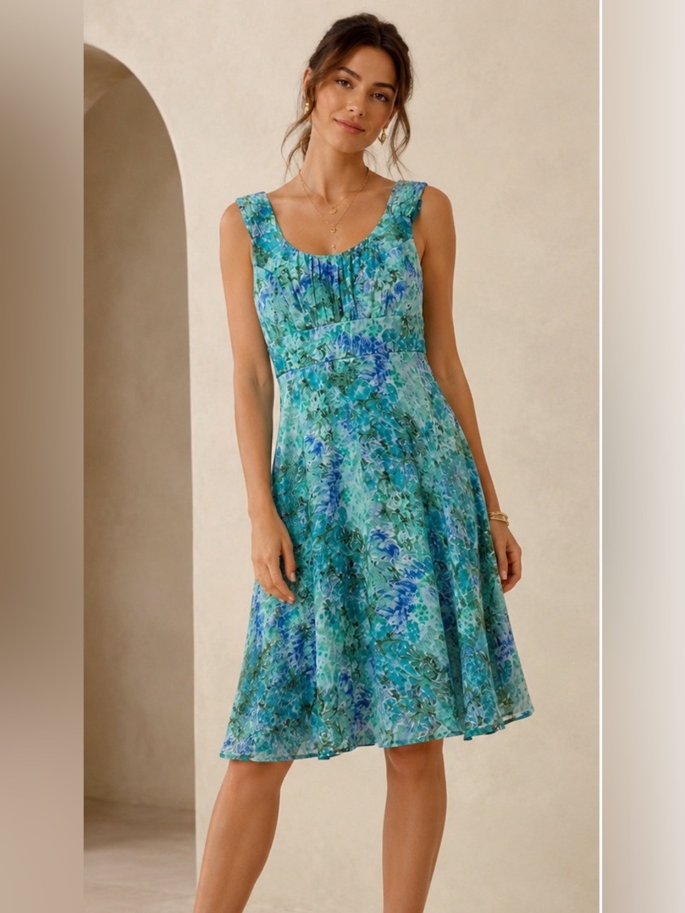 Watercolor Floral Fit Flare Dress Sleeveless Size M Connected Apparel